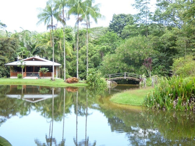A house surrounded by trees with a large lake in the foreground.