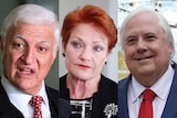 Seperate images of Bob Katter, Pauline Hanson and Clive Palmer