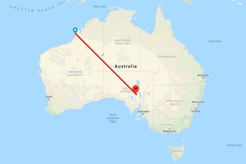A map of Australia with a line drawn from Broome to Woomera.