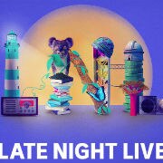 Promotional tile saying Late Night Live with letters also made out of objects on purple background.