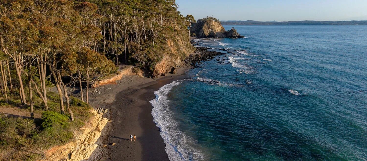 An aerial shot of a beach.
