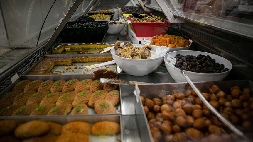 A display of Turkish deli food in a supermarket