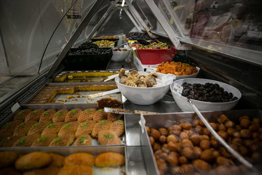 A display of Turkish deli food in a supermarket