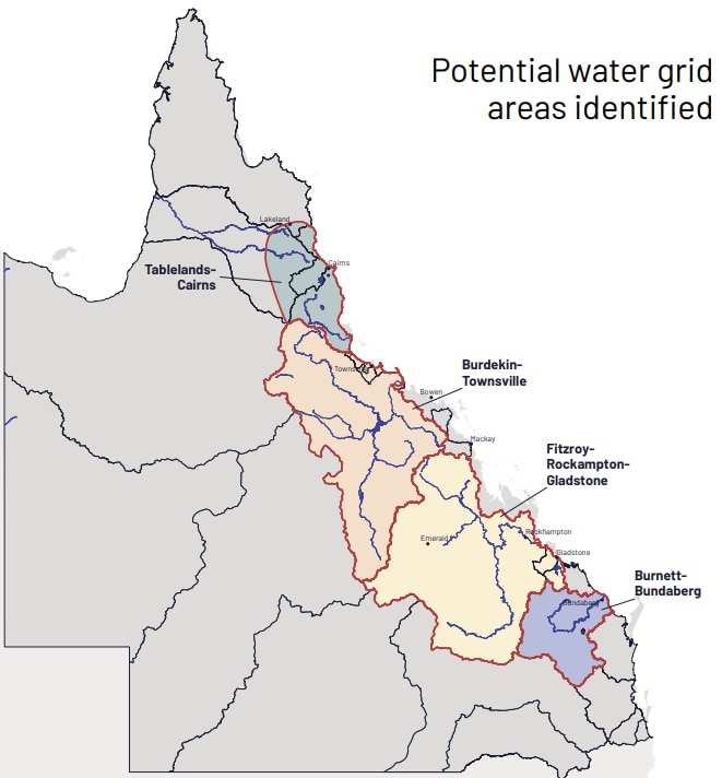 A map of Queensland highlights the water grid areas identified.