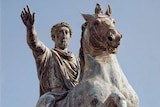 An equestrian statue of Marcus Aurelius, in Rome, Italy. Aurelius was a Roman emperor and Stoic.