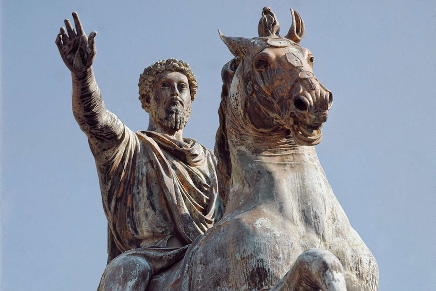 An equestrian statue of Marcus Aurelius, in Rome, Italy. Aurelius was a Roman emperor and Stoic.