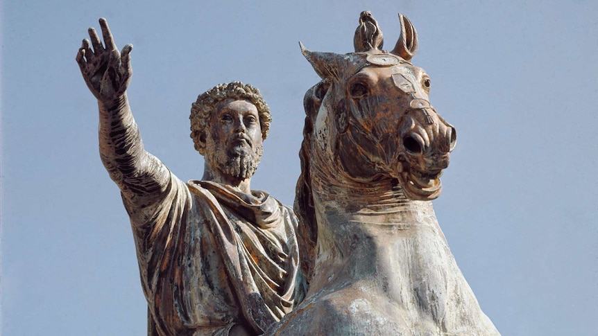 An equestrian statue of Marcus Aurelius, in Rome, Italy. Aurelius was a Roman emperor and Stoic.