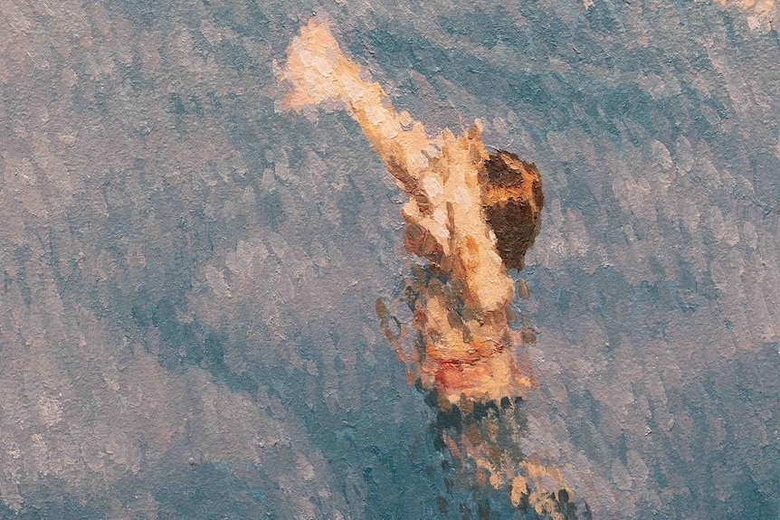 Mauve oil painting of child in water with hands in air.