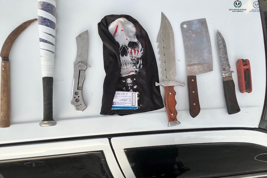 A number of weapons including knives laid out on the top of a white car