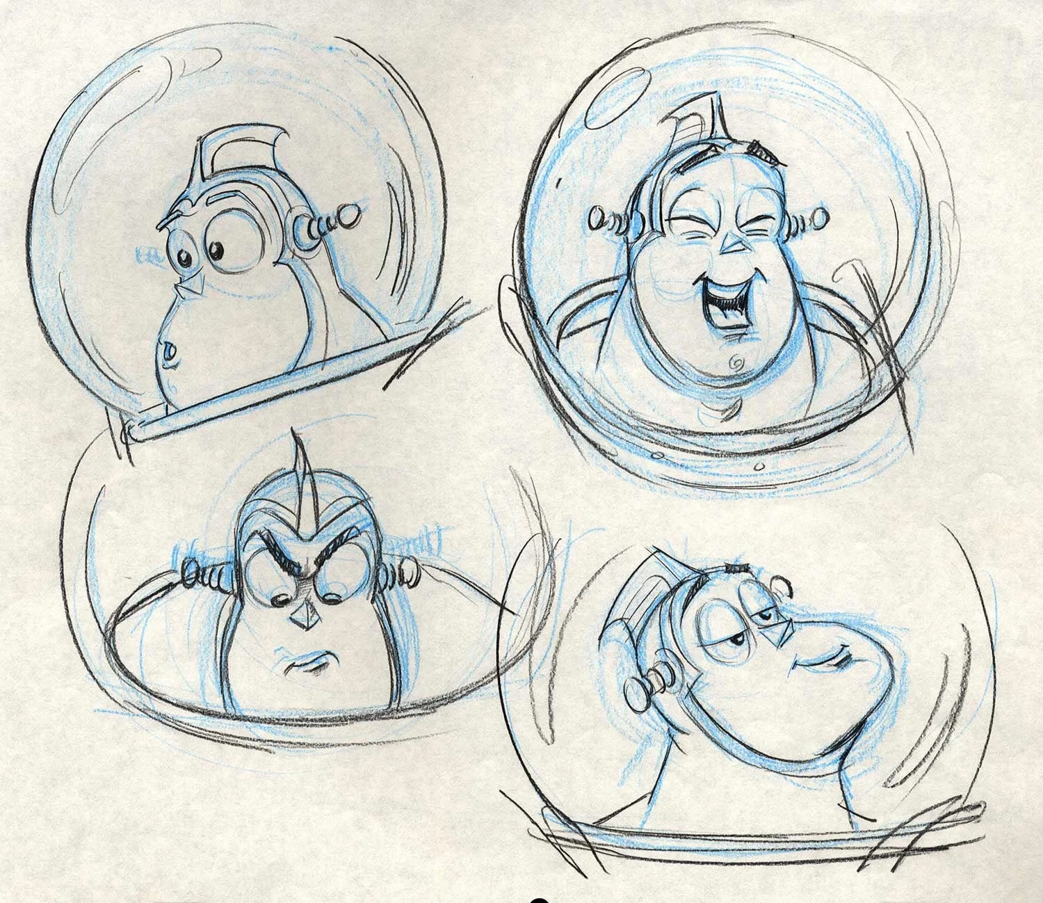 Quatro esboços a lápis de Buzz Lightyear com várias expressões de surpresa, raiva e riso.