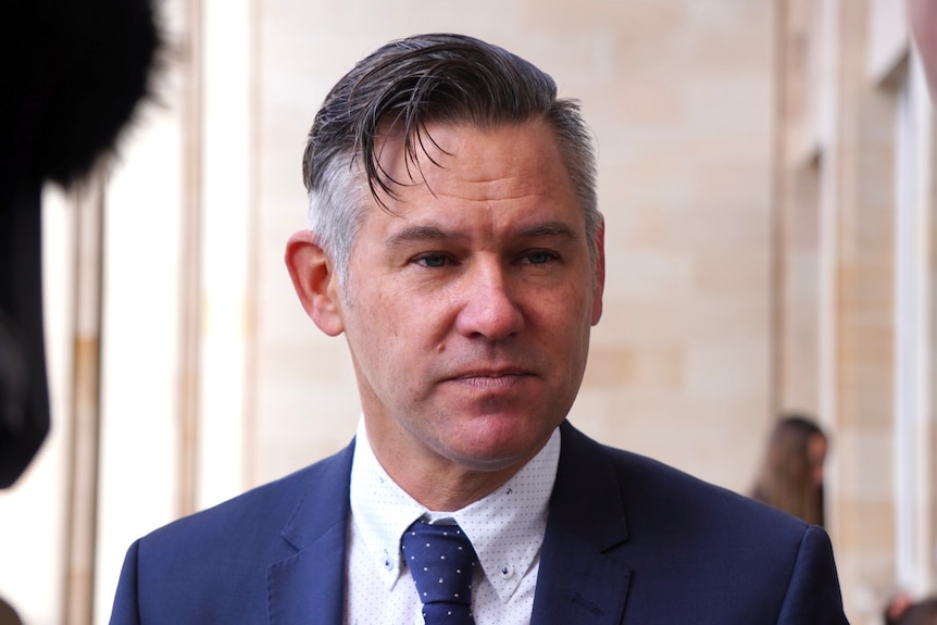 A man with greying hair, wearing a blue suit, outside parliament house, medium close up, looking slightly away from the camera. 