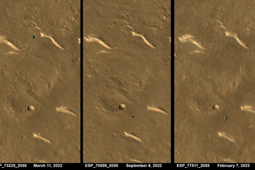 Three images showing a blue figure that is the Chinese Mars rover on the surface of the planet.