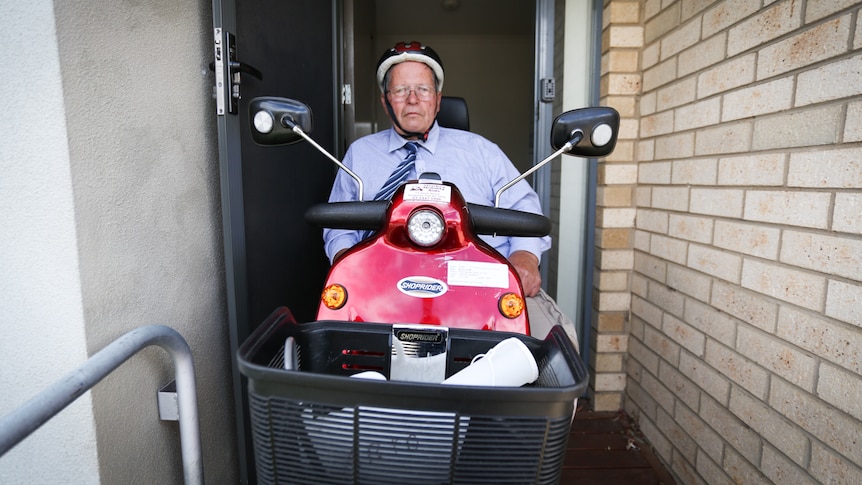 A man on a disability scooter at the new Bendigo hospital