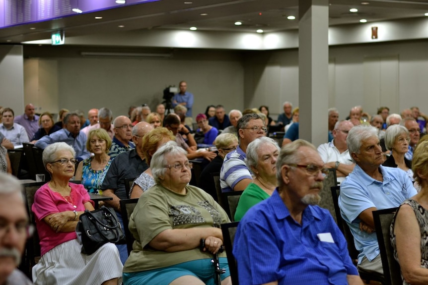 Port Stephens residents at a meeting to discuss their local council's impending merger with Newcastle council.