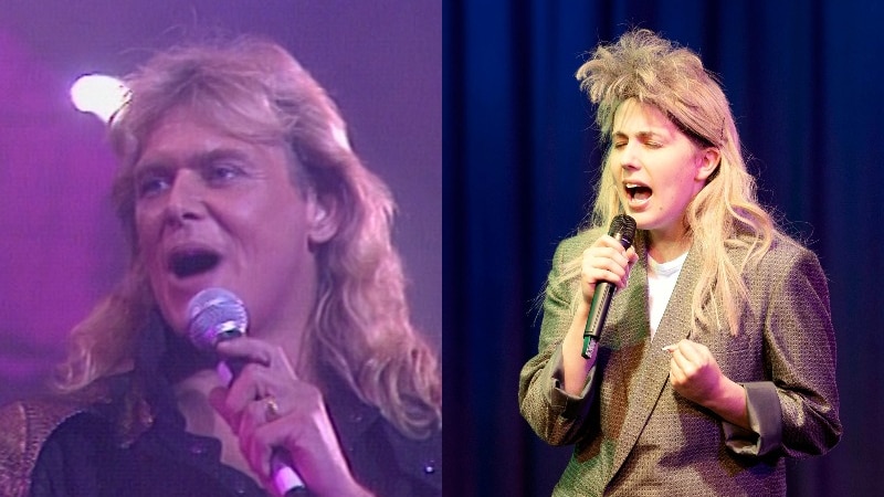 A composite image of John Farnham on the left from a Countdown performance. A teenager girl in a blonde wig on the right singing