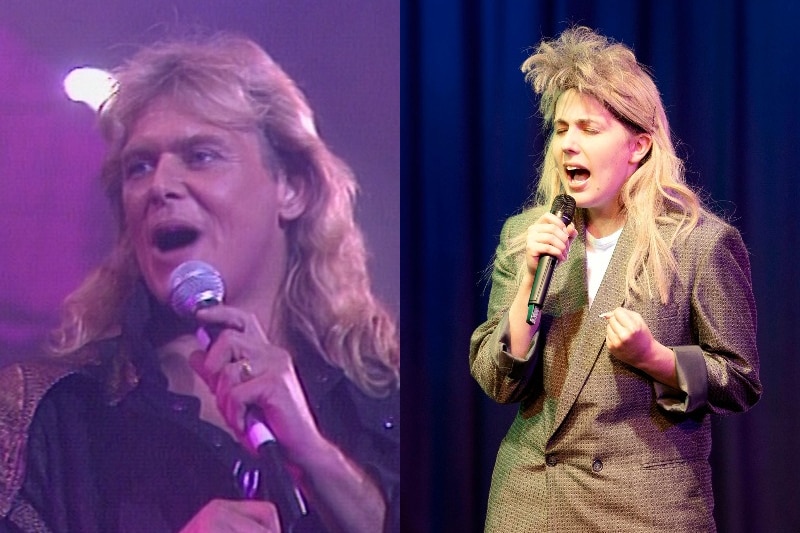 A composite image of John Farnham on the left from a Countdown performance. A teenager girl in a blonde wig on the right singing