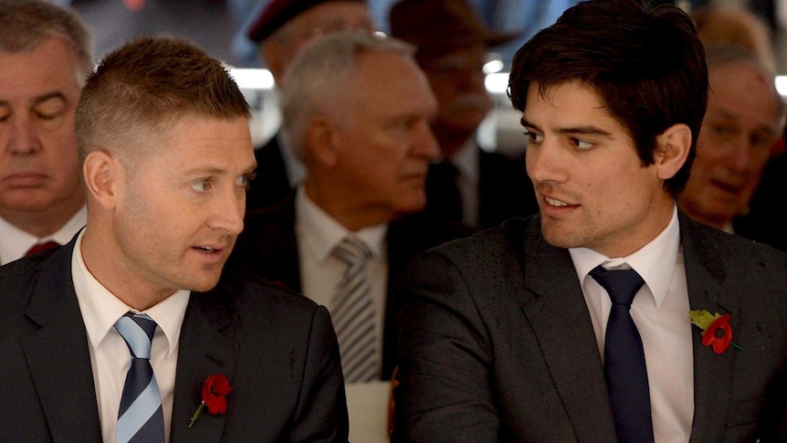Michael Clarke and Alastair Cook at Remembrance Day service in Martin Place, Sydney.