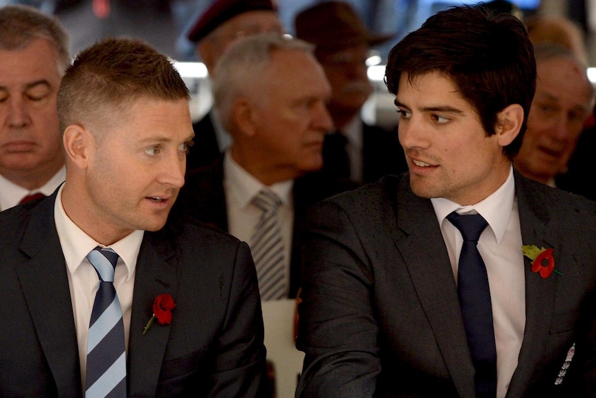 Michael Clarke and Alastair Cook at Remembrance Day service in Martin Place, Sydney.