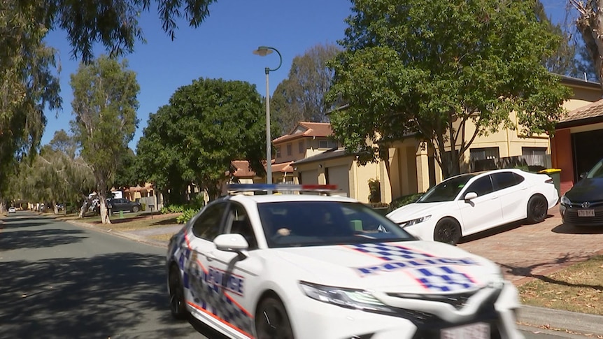 A police car driving down a tree-lined suburban street