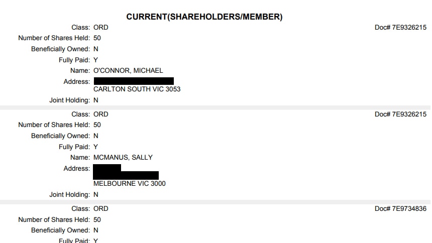 Text document listing three shareholders - Michael O'Connor, Sally McManus, James Stewart - and additional details.