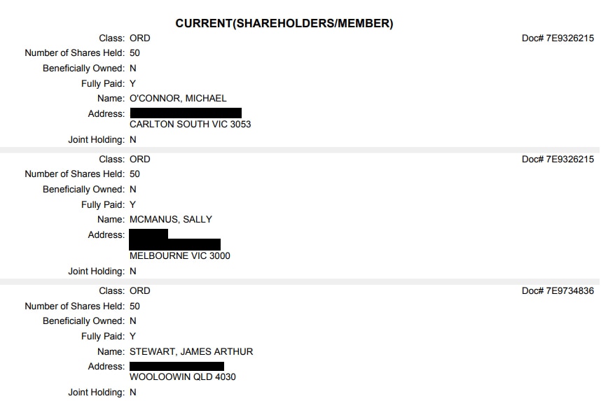 Text document listing three shareholders - Michael O'Connor, Sally McManus, James Stewart - and additional details.