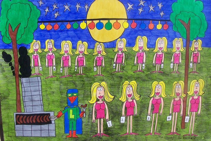 Drawing of outdoor night-time scene with a line of Barbie dolls queuing for a BBQ where Laser Beak Man is turning sausages.