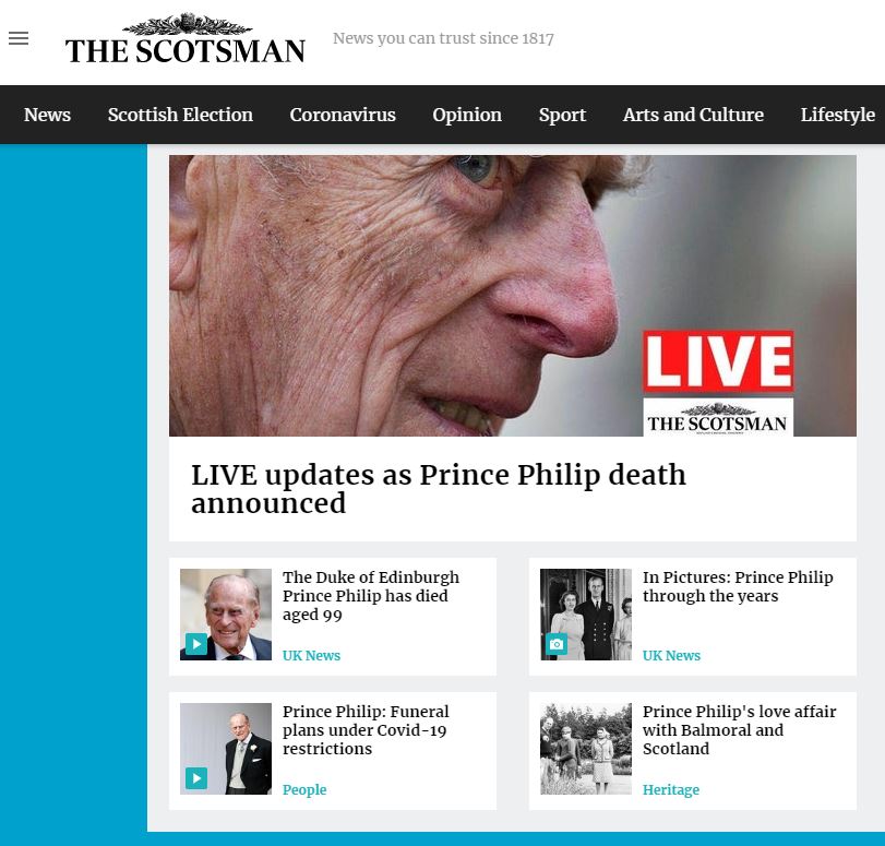 The Scotsman website after the death of Prince Philip.