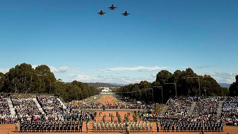 F/A-18 Hornets fly over the Stone of Remembrance during the 2013 Anzac Day ceremony.