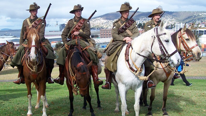 The Light Horse Brigade watch over the ANZAC service at the Hobart Cenotaph