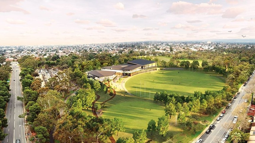 A graphic of an aerial view of an oval and buildings