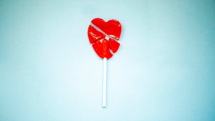 A heart-shaped lollipop which has broken into many pieces