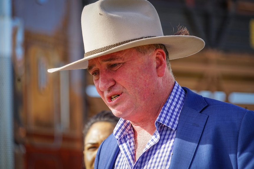 Barnaby Joyce, wearing a 10-gallon hat and a light-coloured suit, speaking with the sun on his face.