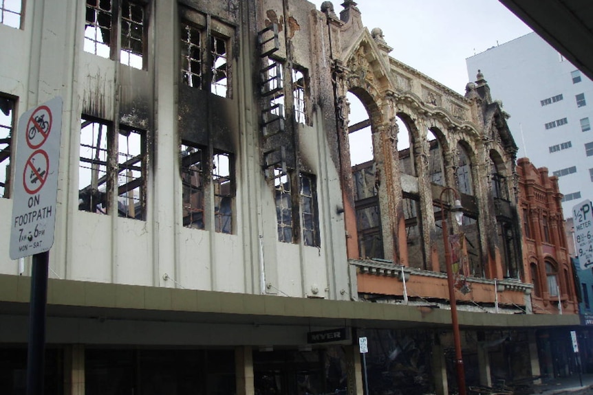 Burnt facade of Myer Hobart