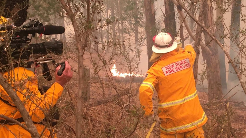 Cameraman filming firefighter with hose spraying flames in bush.