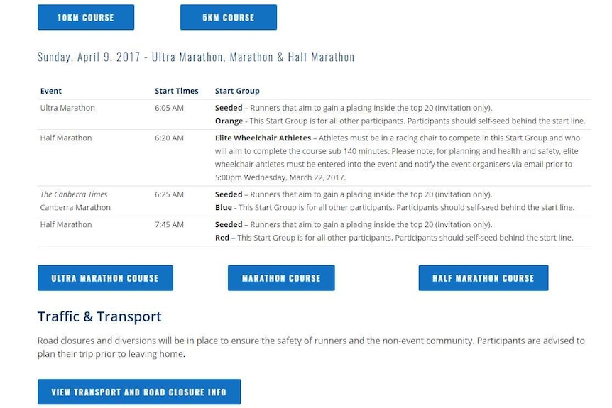 A screen grab from the Canberra Times Running Festival website showing the 140-minute rule for elite wheelchair athletes.