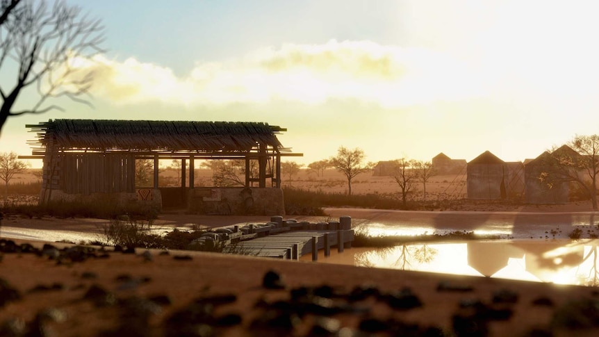 Virtual reality image of an outback scene at sunset with a small thatched shack, that is Australia's first mosque.