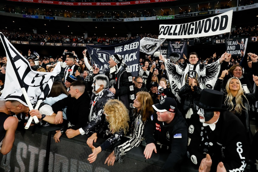 A crowd of fans wearing black and white celebrate in the stands, with several Collingwood signs among them.