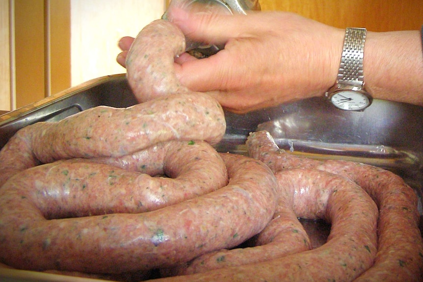 A close up of a person making sausages using a machine