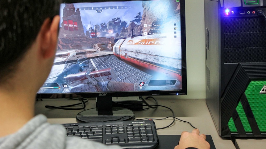 Child playing video games on a PC.