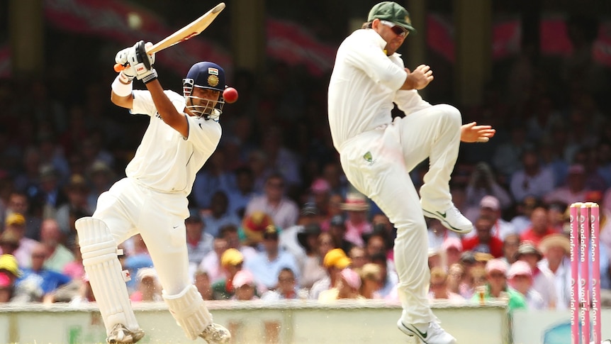 Hitting back: Gambhir cracks one straight into the foot of Ricky Ponting at silly point.