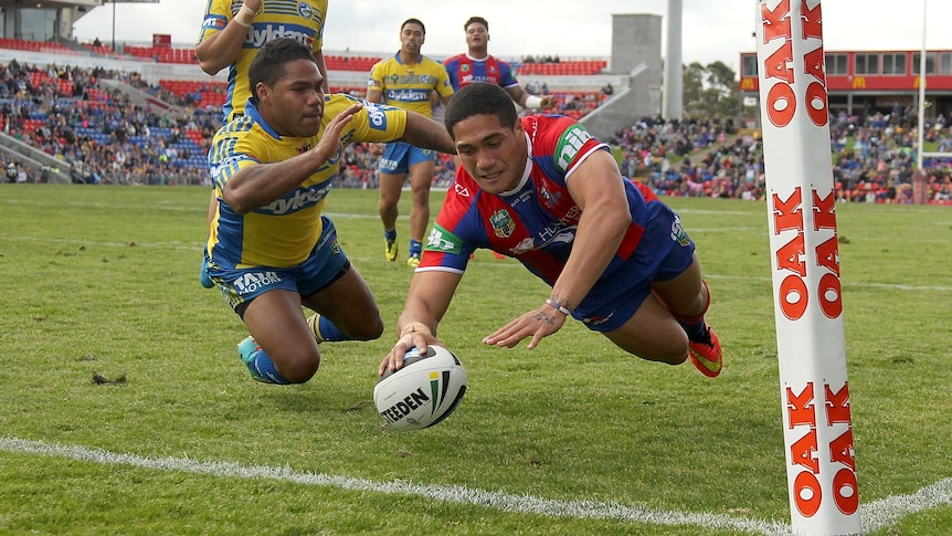 Sione Matautia touches down for one of his two tries against the Eels
