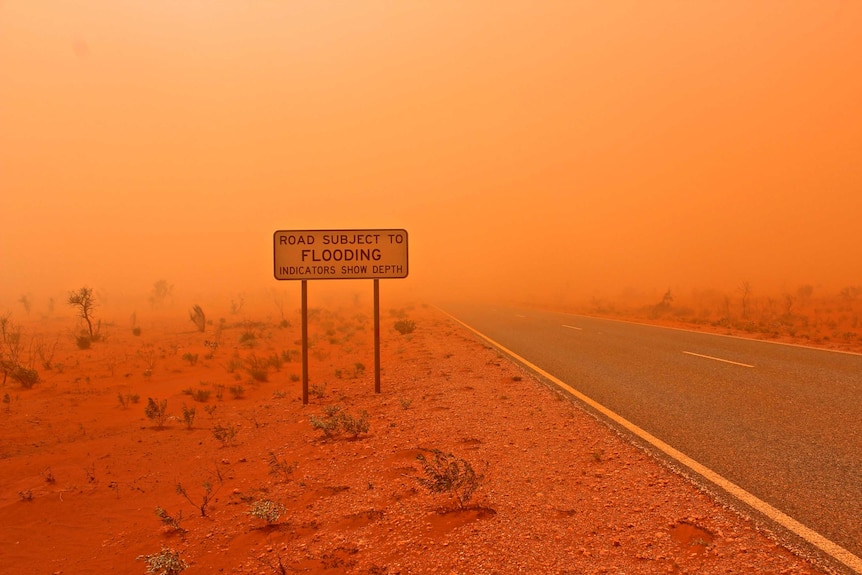 A dust storm blows across a remote highway near Exmouth in WA's Pilbara region.