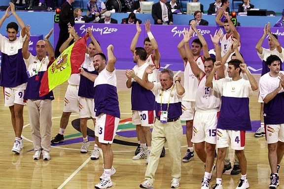 Spain's 2000 Paralympics basketball team celebrate.