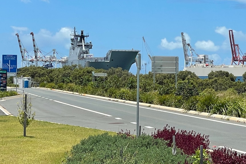 HMAS Adelaide docked in Brisbane with aid aboard