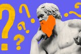 Statue of man with illustrated beard and question marks around him