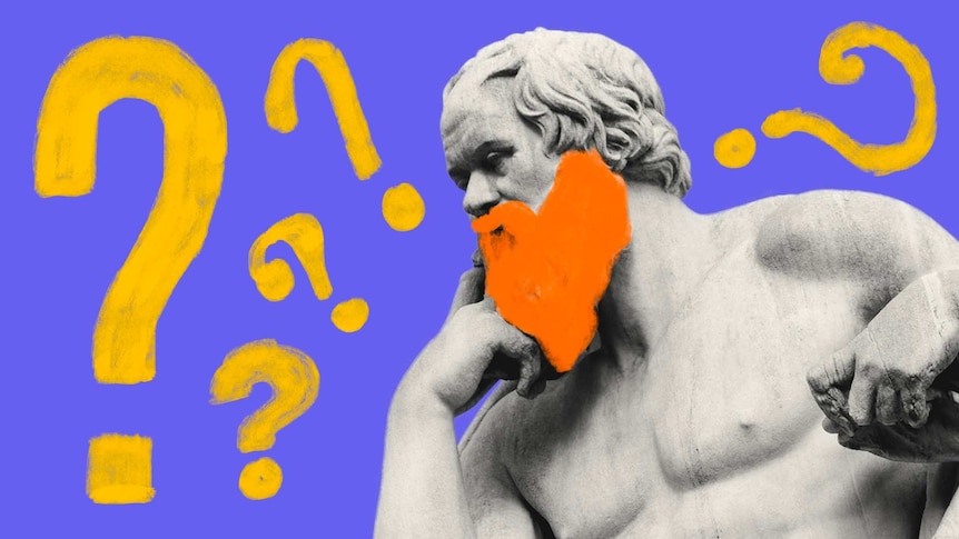 Statue of man with illustrated beard and question marks around him