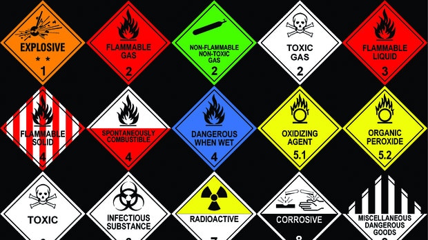 Fifteen diamond-shaped signs indicate different kinds of dangerous materials for storage or transport
