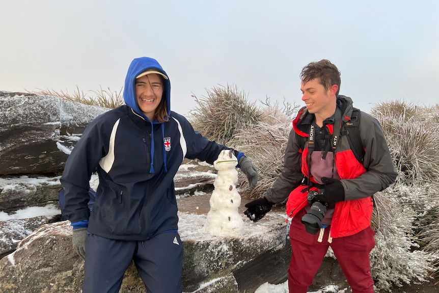 Two young men sitting on some rocks next to a small snowman.