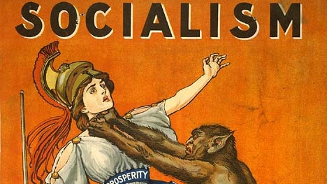 A beast chokes the personification of "Prosperity" in a propaganda poster