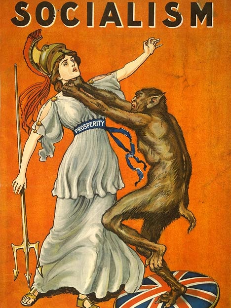 A beast chokes the personification of "Prosperity" in a propaganda poster